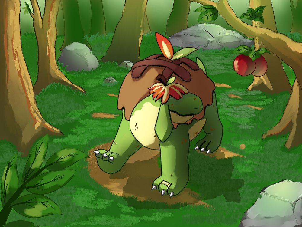 The Pokemon appletun with a golden ring is depicted walking through a forest. The leaves on its head mimic a hairstyle, and brown freckles speckle its body. Coloring is cel-shaded with predominantly brown and greens in both the background and the appletun. Some red apples are shown on the tree and there are some grey rocks scattered throughout. There is a light green glow over the entire picture.