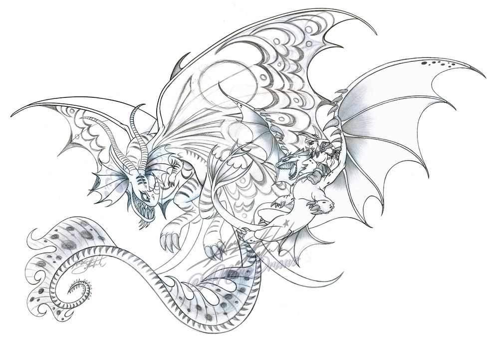 Pencil drawn image of one large dragon having conflict against the artist's self insert Viking persona and her riding dragon.