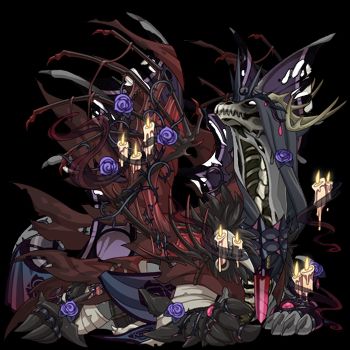 A Bogsneak dragon character dressed in tattered clothing, thorns, and floating candles, and wearing a customizable skin that looks like a skeleton form.