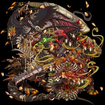 A Guardian dragon character, dressed in various autumnal colored and skeletal themed apparel, adorned with a customizable skin that players can create and upload for their dragon characters.
