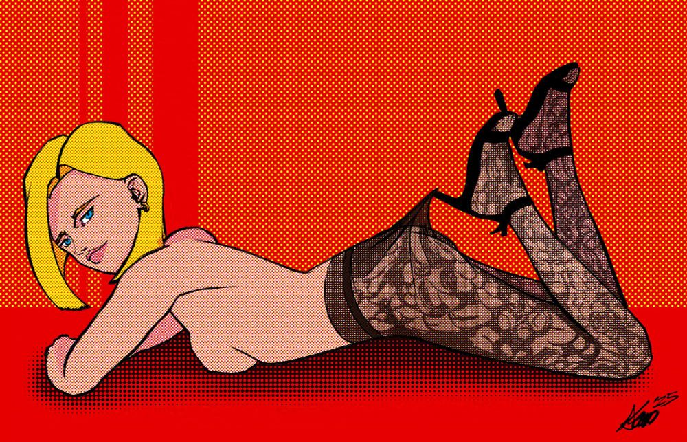 Android 18, wearing nothing but lace pantyhose and stilettos, laying on her stomach. She's using the heel of her shoe to stretch the fabric of the lace.