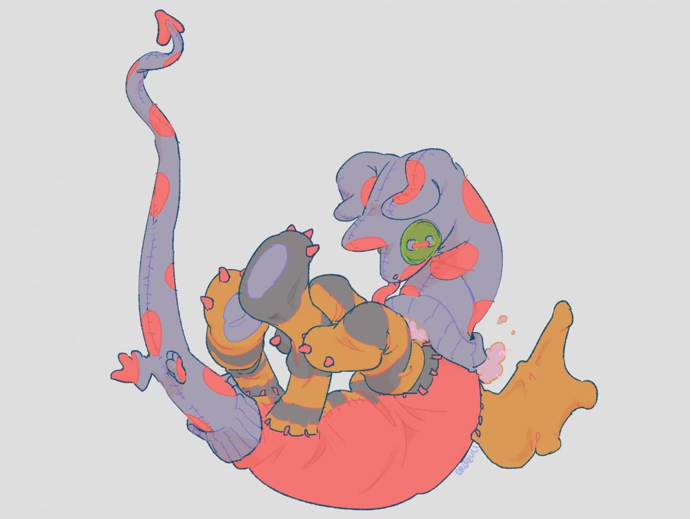 OC art. A patchwork plush dragon is somewhat weightlessly curling in on herself