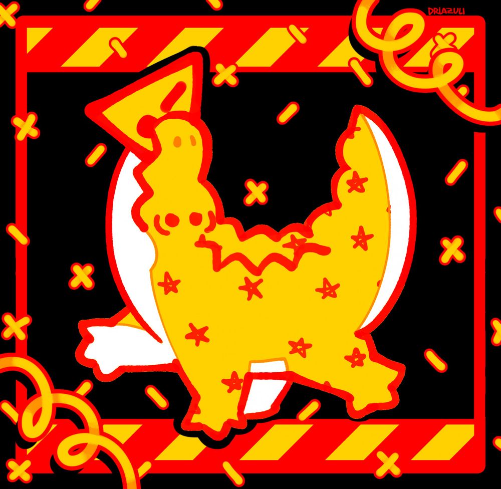 OC art, a toony yellow crocodile with red stars and a white tummy holds up a caution sign in her mouth, with a simple caution-stripe style background