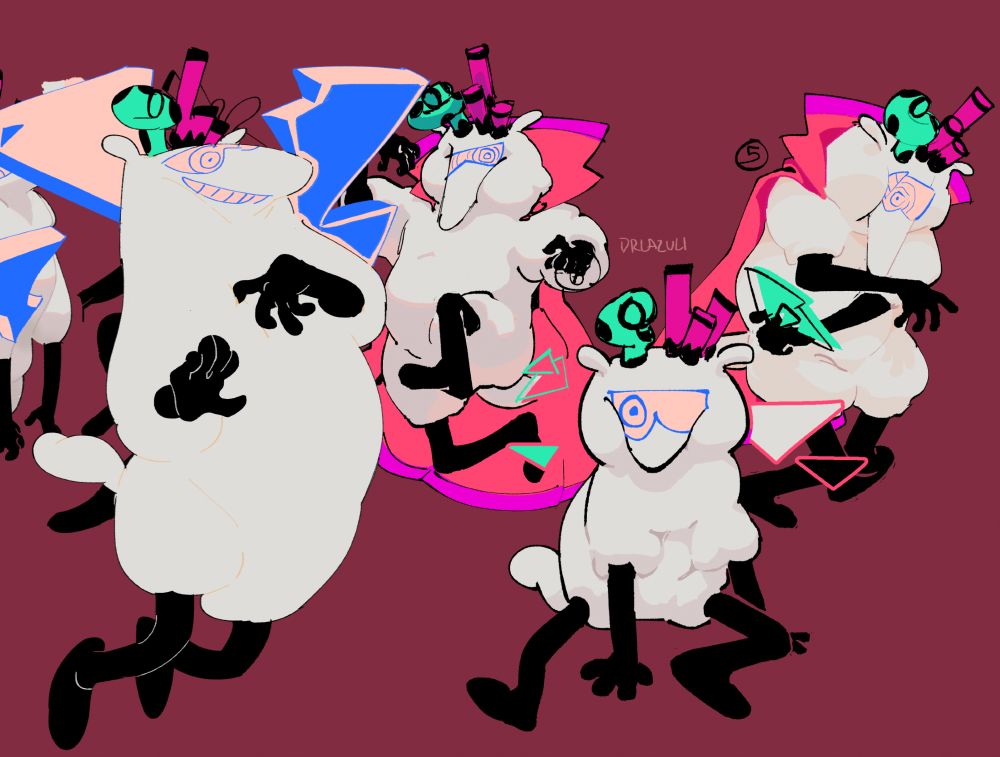 OC art. A sheep-shaped sculpture in multiple poses against a soft berry colour background. Most notably are her horns, one green in a corkscrew, the other like three prongs of pink coral. A single pupil drifts across a vlat visor-like eyeshape. She has a cape that's two shades of fuscia and slim black arms and legs. She NEEDS to have more public drawings than this so bad. So bad.