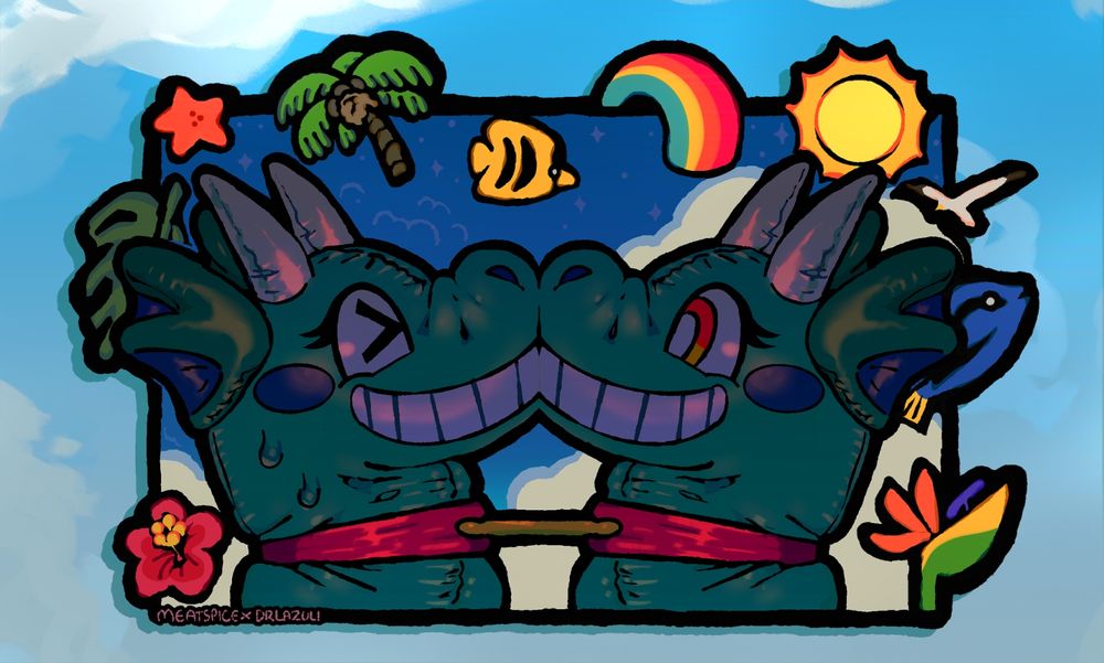 Original art, a sticker of two twin pooltoys heads that are pushed snout-to-snout connected by a collar around their necks. There's a light TF implication to the concept. Little decorative tropical animals, plants et cetera border the two heads. The sketch and colours are my concept, the beautiful lineart done by meatspice for her shop update on Sep 5th.