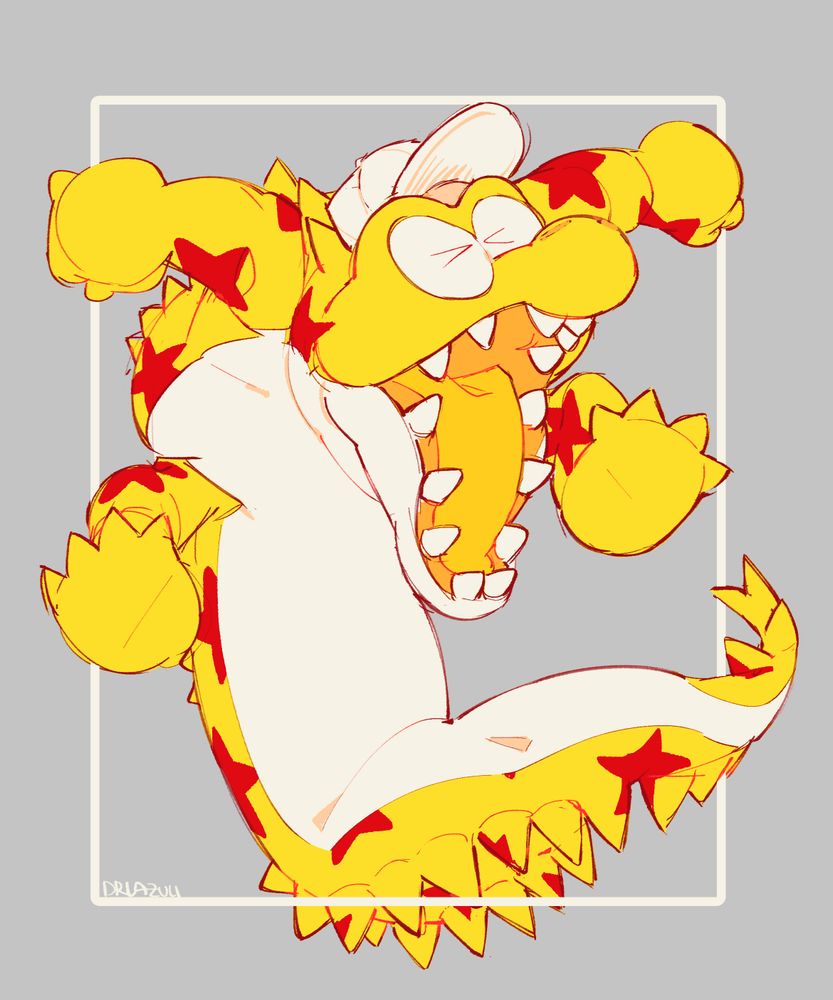 OC art of a yellow toy gator/croc girl who has stars on the yellow parts of her body and a white baseball cap. She's making a cartoony jumping shouting pose! Yaagh!