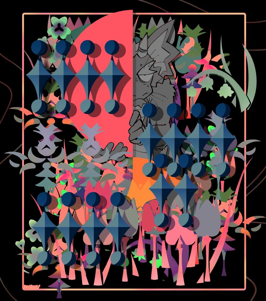 OC art. My fursona, depicted in black-and-white, hides behind large, abstract colourful and layered plantlike shapes with a ball-and-diamond pattern stamped overtop sporadically.