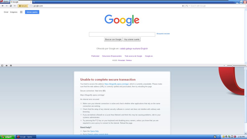 Google open in Opera Presto. Inspect Element does not work as it tries to access dragonfly(.)opera(.)com/app over HTTPS, returning a secure connection fatal error 80
