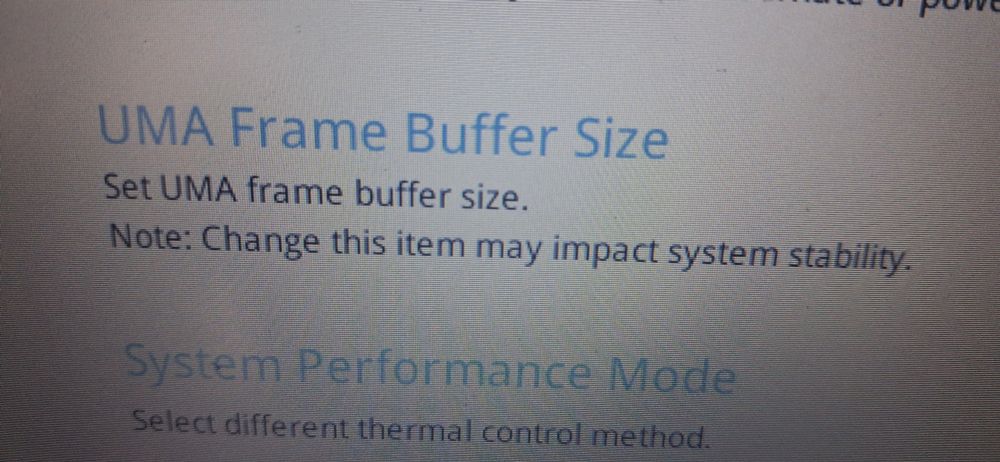 Lenovo BIOS setting UMA Frame Buffer Size
The description reads:
"Set UMA frame buffer size.
Note: Change this item may impact system stability"