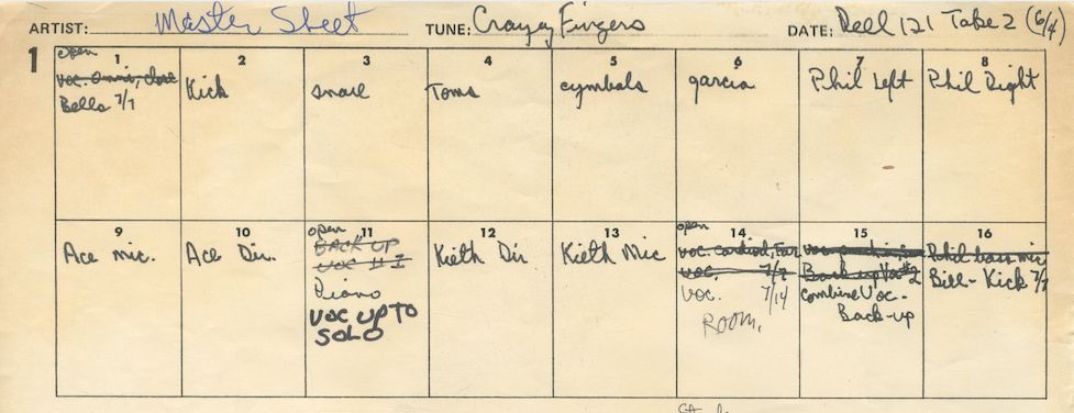 studio tracking sheet for Crazy Fingers