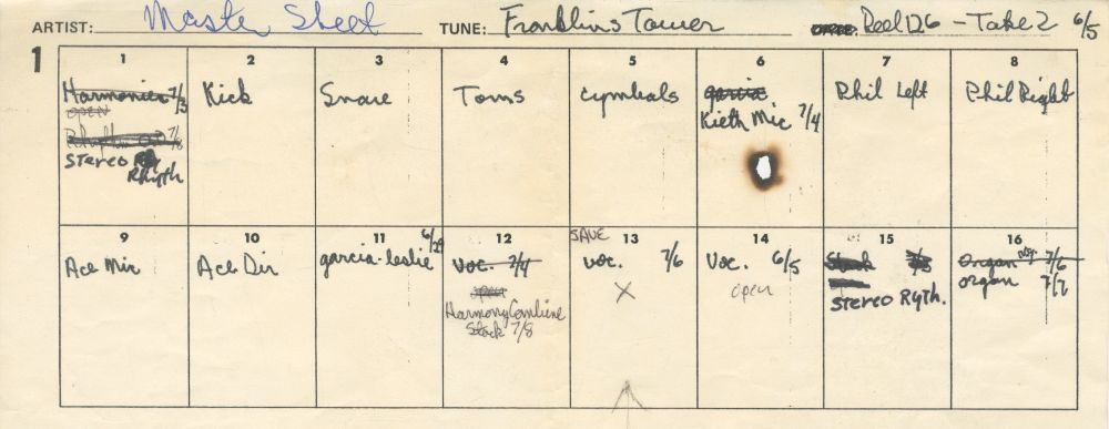 Master Sheet for Franklin's Tower, Reel 126, Take 2, 6/5, with track assignments (and cigarette burn on track 6)