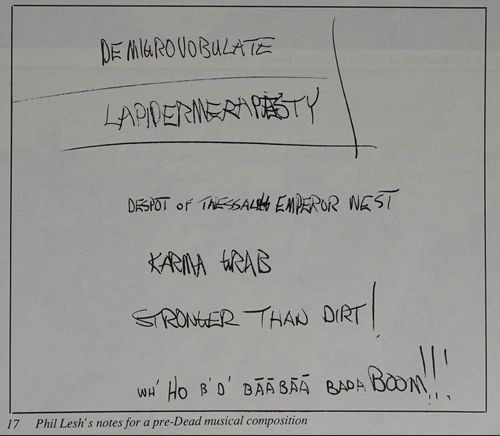 handwritten notebook page with phrases including "STRONGER THAN DIRT" captioned Phil Lesh's notes for a pre-Dead musical composition