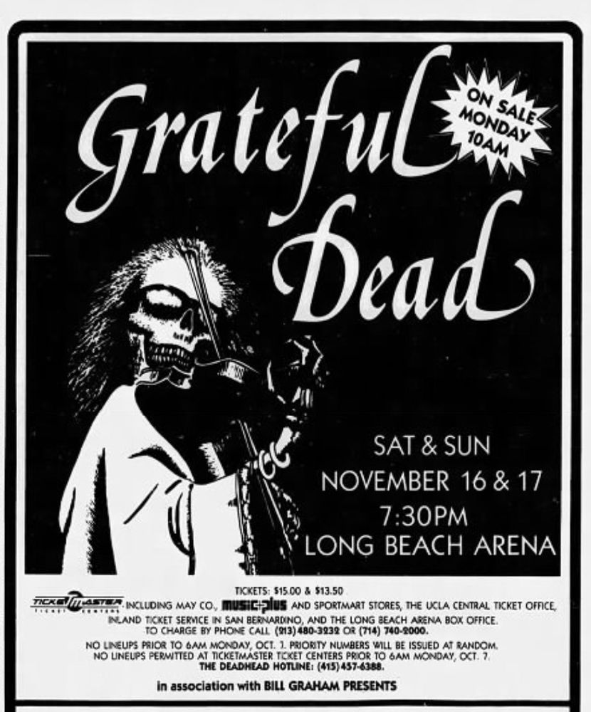 newspaper ad for Grateful Dead in Long Beach, Sat & Sun November 16 & 17, featuring Blues For Allah fiddler