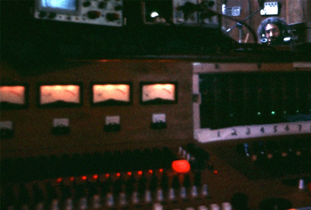 studio mixing console, Jerry Garcia peeking over the side
