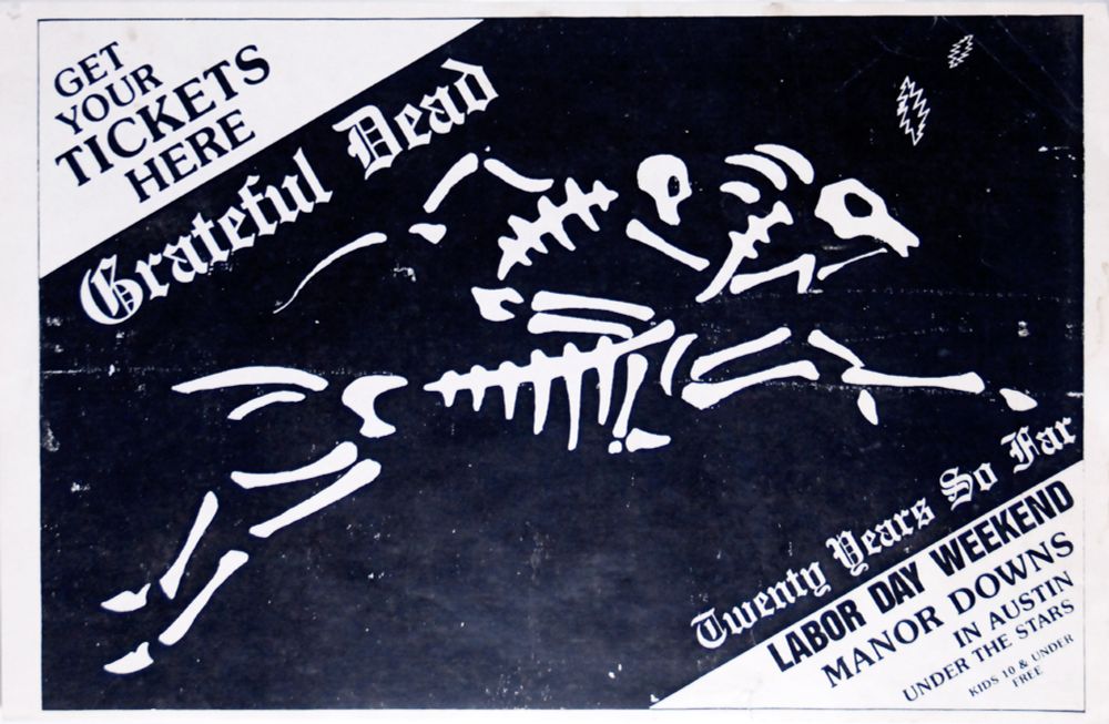 poster for Grateful Dead in Austin depicting skeleton riding skeleton horse
