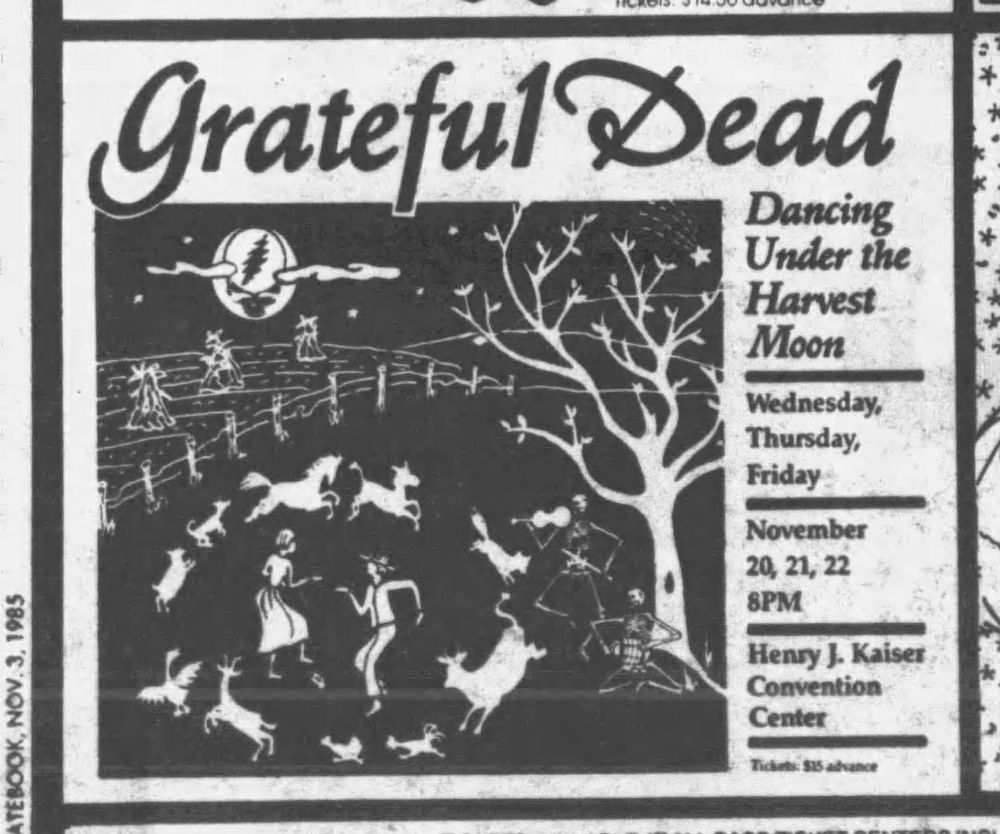 newspaper ad for Grateful Dead, Dancing Under the Harvest Moon at Henry J. Kaiser Convention Center