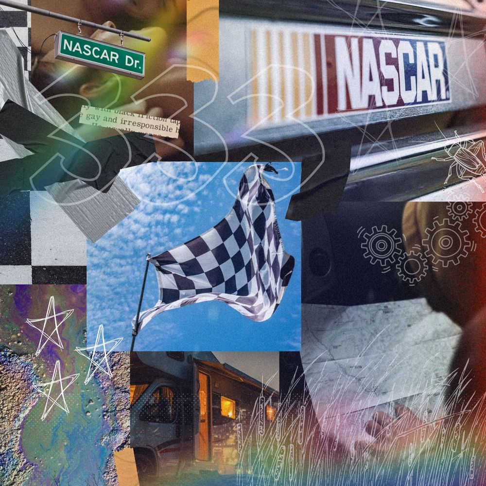 Moodboard for KISS THE WALL. 

NASCAR Drive road sign. 
Duct tape. 
Checkered flag. 
Pretty rainbow oil spills. 
Tall marshy grass. 
RV/motorhome. 
Gears.
Crickets.
333. 
Two men lying down together, smiling at one another. 
Guy in a hoodie confused by a map. 
NASCAR bumper sticker.