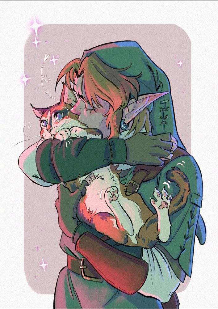 Link from legend of zelda holding and kissing a calico cat