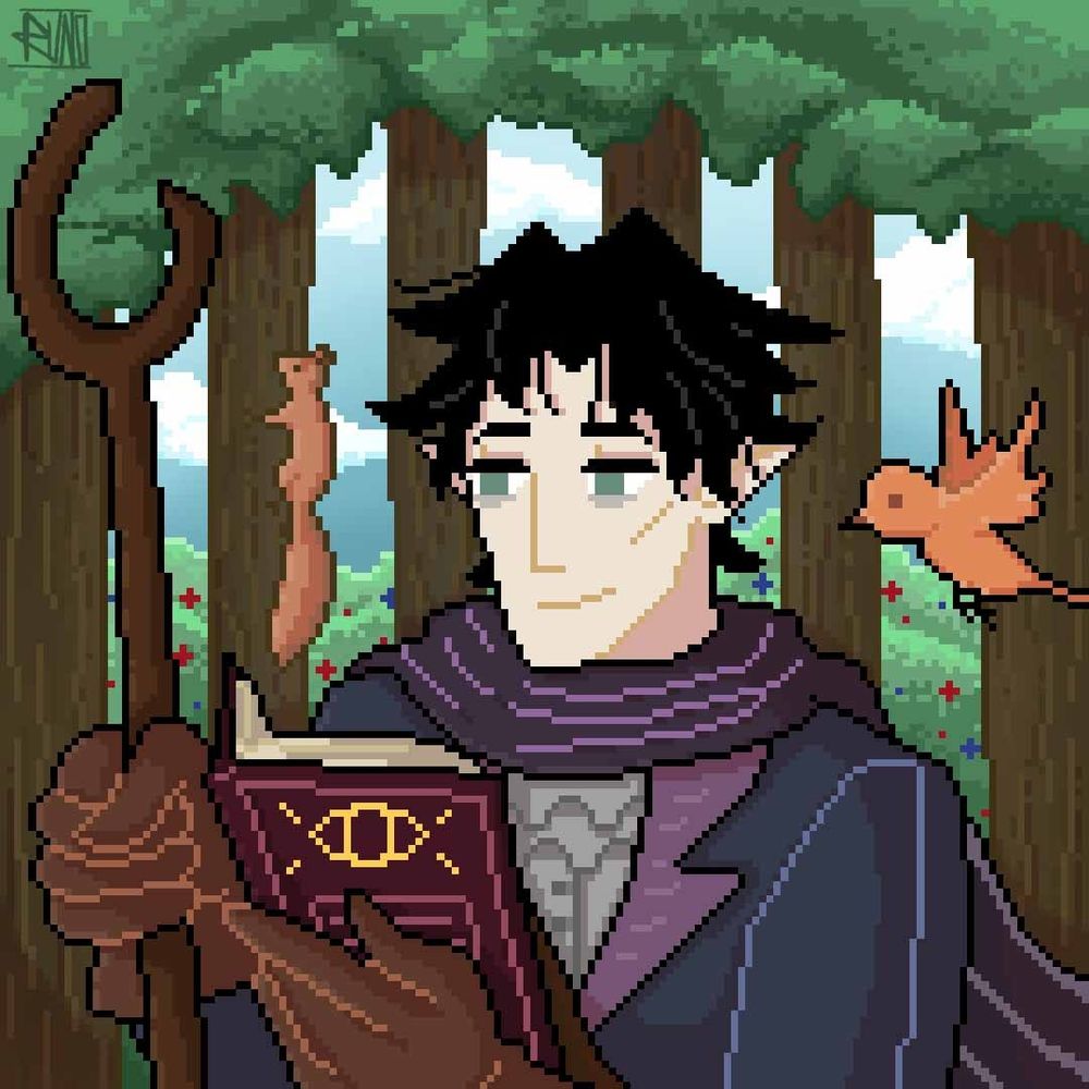 Un retrato en pixel art del OC de @carmenfflv.bsky.social Malorn como una comisión. Está andando por el bosque mientras lee uno de sus libros