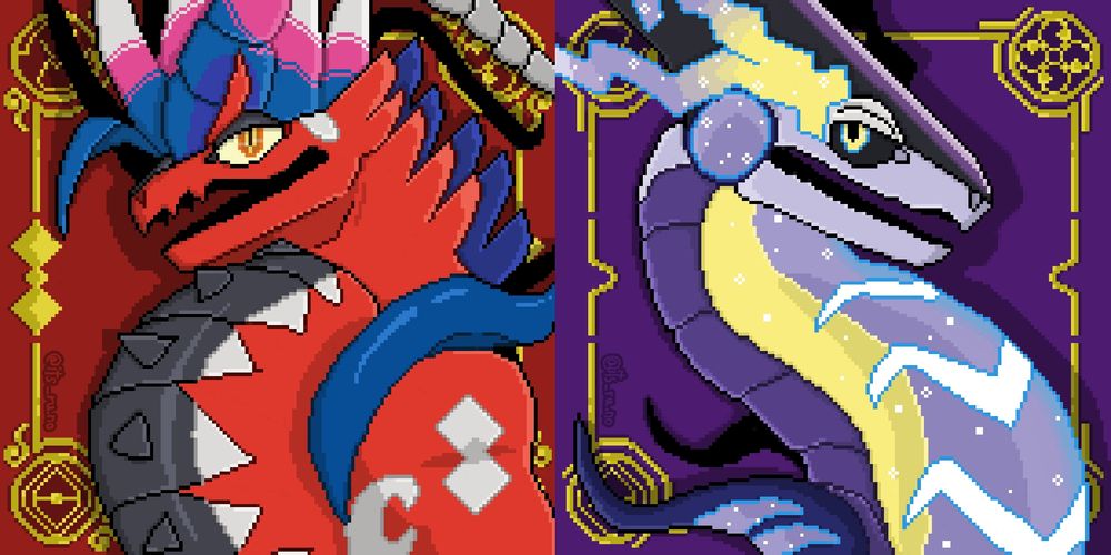 Pixel art de Koraidon y Miraidon del Pokemon Escarlata y Purpura dándose la espalda el uno al otro mientras miran al frente