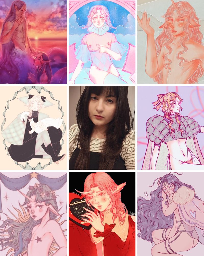 Art vs artist: there are 8 artworks around the photo of the artist. They are all artworks of original characters. 