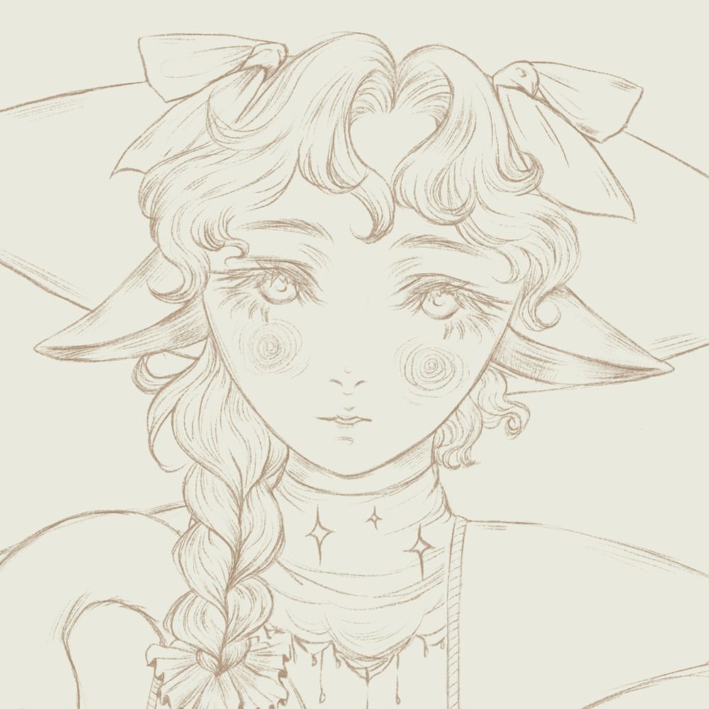 Sketch of a cute boy´s face. He has long ears and wavy hair in a braid. 