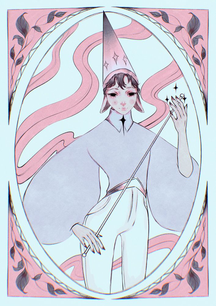 Illustration of a lil magic guy in minimal colours 