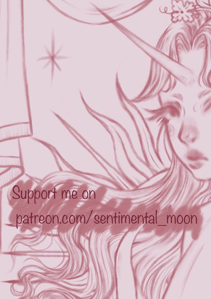 A pink background. A cropped preview of my oc. Full image can be found on Patreon. 