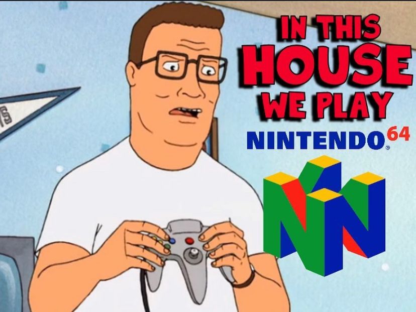 Hank Hill from King of the Hill holding a Nintendo 64 controller