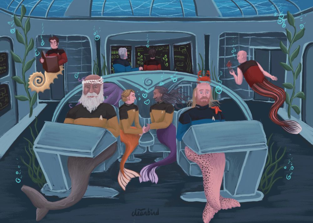 The bridge of an undersea spaceship. Everyone is a kind of mermaid. Buttons and Fang are at the helm; Fang has a yellow shirt and a shark tail, and Buttons is wearing a blue shirt and has a freckly seal-shaped tail, but the tail is the same color as his skin. Ed and Stede are in the co-captains chairs. They both have yellow shirts; Stede has a regular orange tail and Ed has a regular purple tail. Frenchie and Wee John are in the back looking at panels. Wee John has a blue shirt and he's got purple octopus tentacles while Frenchie has a red shirt and you can't see his tail. Pete is swimming off to the right; he has a red shirt with the sleeves torn off and a brown and red striped tail. He's holding a tricorder. Lucius is floating on the other side of the bridge. He's got a yellow seahorse tail and a red shirt. There are seaweeds and other vegetation growing along the walls, and you can see bright blue ocean in the windows above them. 