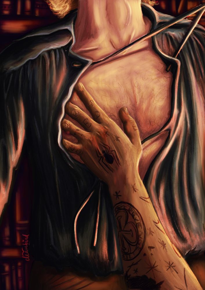 Stede from neck to hips - he's being pressed against a bookcase by one tattooed hand, that's pressing/caressing his right pec through his open-front, low cut shirt. The strings on his shirt are loose on the bottom and pulled taught above, as if someone is yanking them out. 