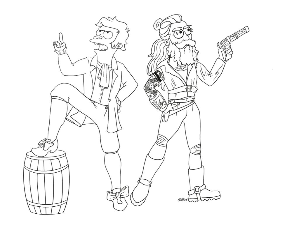 Black outlines of Stede and Ed in the style of Futurama. Stede has one leg propped up on a barrel and looks like he's using his captain voice. Ed has one hand on his hip and a gun in the other. They're wearing their main outfits from season one: a teal blue suit and black leathers, respectively. 