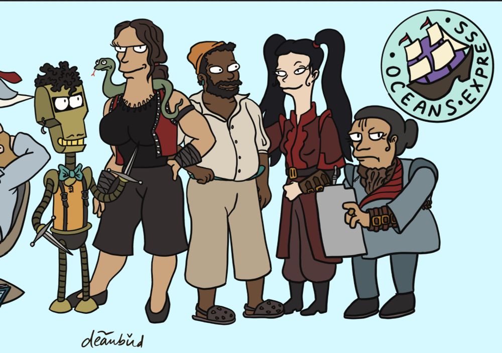 A close up of the Futurama OFMD crew: Jim as Clamps bot but they have knives for hands, Archie as one of the Amazons and with a snake on her shoulders, Olu as himself but slightly modeled after LaBarbara, Zheng as herself, and Auntie as Hermes holding a clipboard and pen. The Oceans Express logo is in the top right corner with a ship icon instead of the spaceship icon that Planet Express has. 