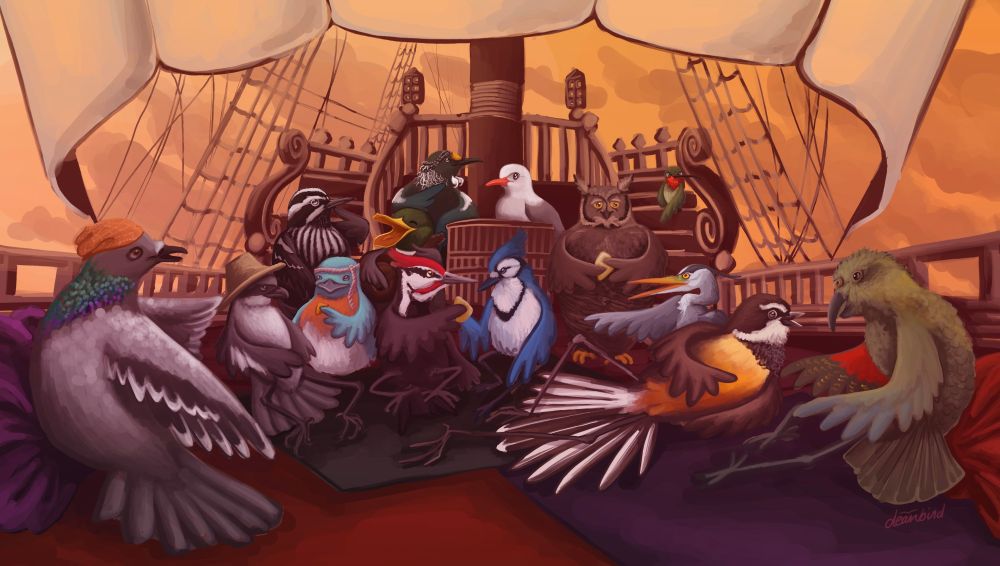 A redrawn screenshot from season one of Our Flag Means Death of all of the crew lounging together on the deck of the Revenge at sunset, but they're all drawn as different birds sharing seeds.