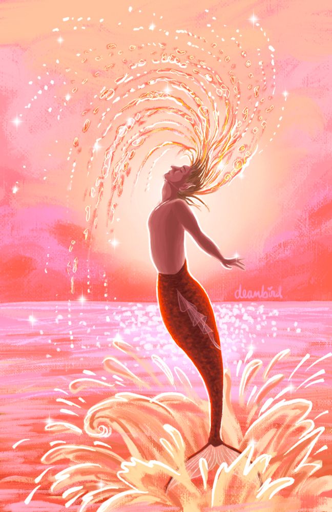 Stede as a mermaid, leaping out of the ocean at sunset. He's backlit and throwing his head back, so his hair is trailing water in a great arc above his head, droplets sparkling in the sunlight. He's got an orange tail and the overall color theme is pink and orange. 