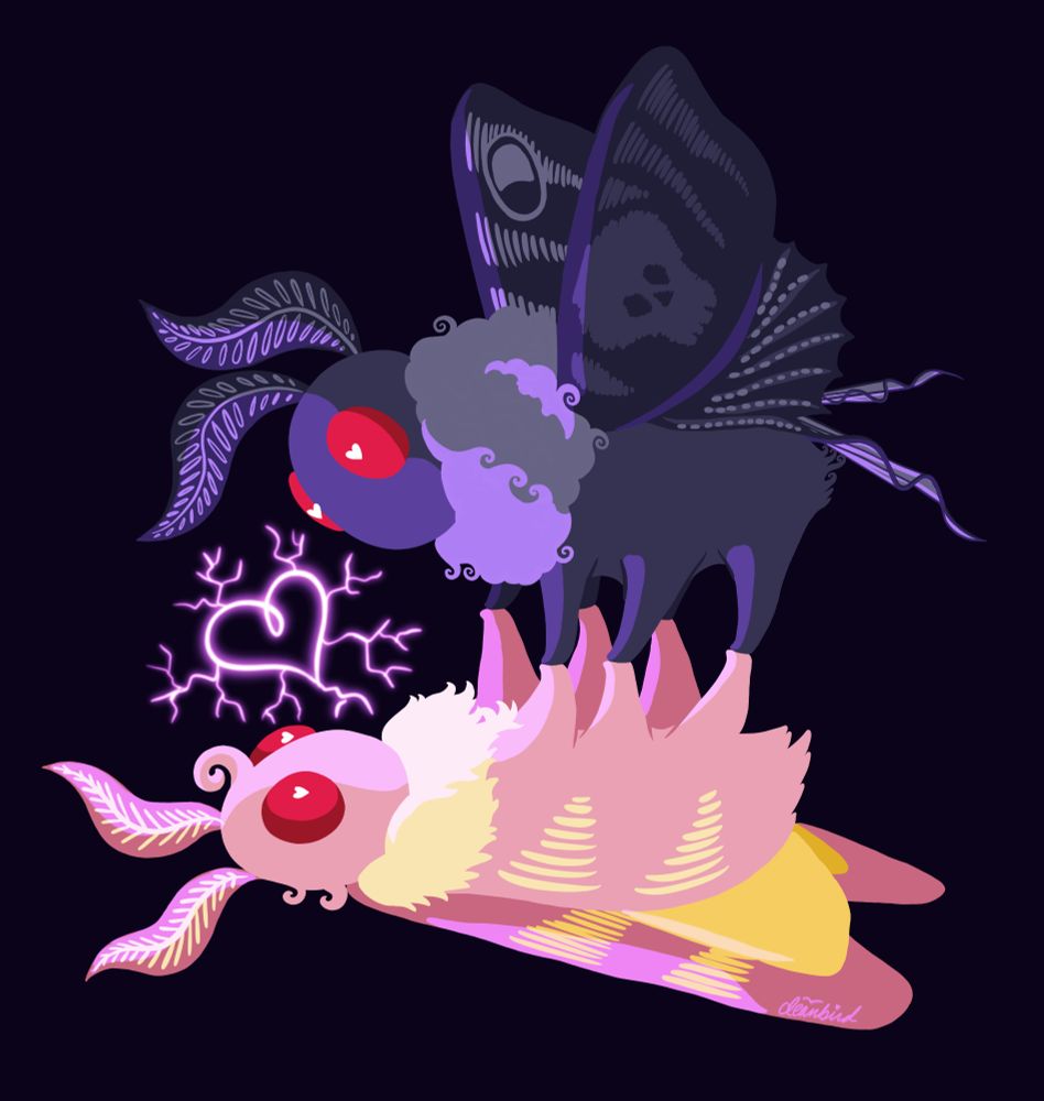 Ed and Stede as moths. Ed is a dark purple moth with red eyes, gray curly fluff around his neck, and skull pattern on his wings. He's standing on Stede's feet, who is a rosy-maple moth laying on his back. He's mainly pink and yellow but with red eyes and a pink curly swoop on his forward that resembles hair. There is a glowing purple heart with lightning arcing out of it between them.