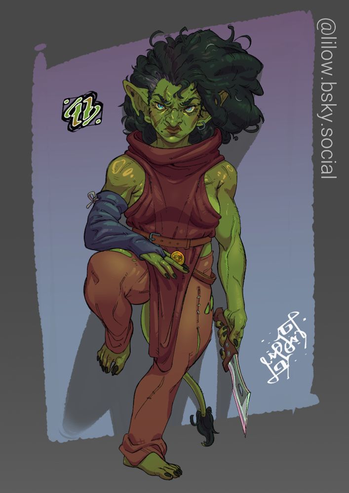 Ib.

Back against the wall. One leg up, with her arm resting on it, with a coin between her index and middle finger. She has a blue sleeve on this arm, disconected from the rest of her outfits. Her other arm is just hanging down, holding a big, sharp, squared shapped machete in it.
Her top is a toned down wine red, sleeveless, revealing the side of her boobs even in a front view. A very loose turtle neck, ending on the middle of her torso, leaving a bit of her middlerift exposed. A part o the fabric from the dress extendes in the middle, covering her belly, going all the way down to her knees.
A simple light brown pants, with some holes and stichings.