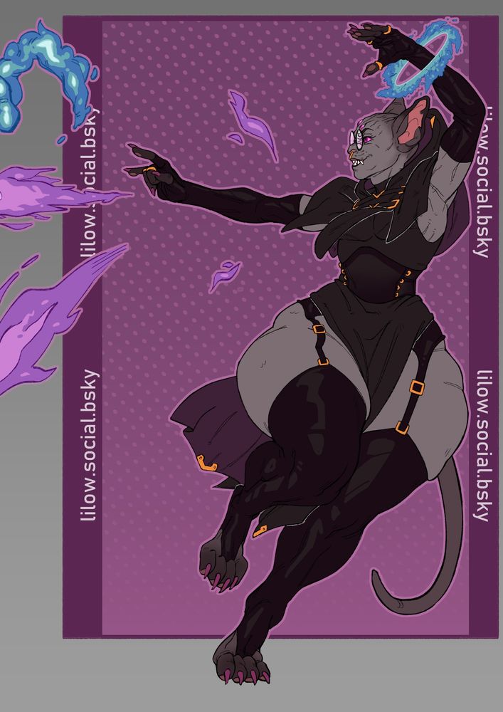 Oswald in a dinamic pose, steping side ways and spining his torso to look into the oposite direction his body is going, One hand above conjuring a blue, spiriling energy, and the other foward, spitting bolts of light purple fire.

He's wearing his classic vests: A deep black, shining stocks with suspenders belt, and fingeless arm sleeve gloves of the same material. Above that, a two split, sleveless, tight turtleneck, black dress, with a small corset on the hips.
And on top of that, a single piece short cape hood. slitted in 3 parts in the front to give more freedom of movement, with two belts conecting both sides and a "V" shapped buckle in the middle of them. One hand has a ring on each of the two middle fingers, and the other has in the two extremity fingers and the thumb.
All metal details, the V buckles, rings, garter clips, are of a redish gold color.