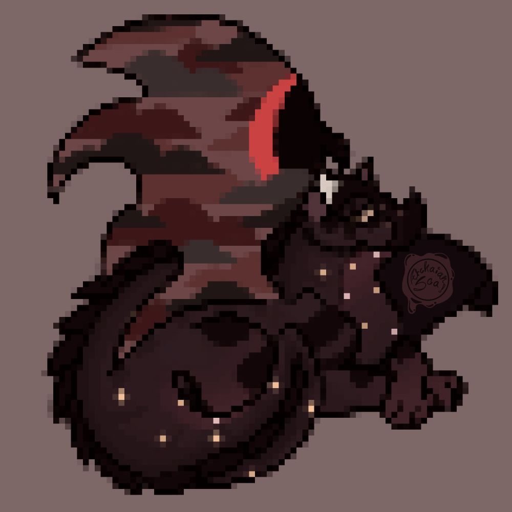 A dark burgundy colored night dragon with golden star speckled scales, and wings that depict a stormy red night sky. He is laying in a loaf-like position, front talons crossed over one another and his tail curled around his haunch.
