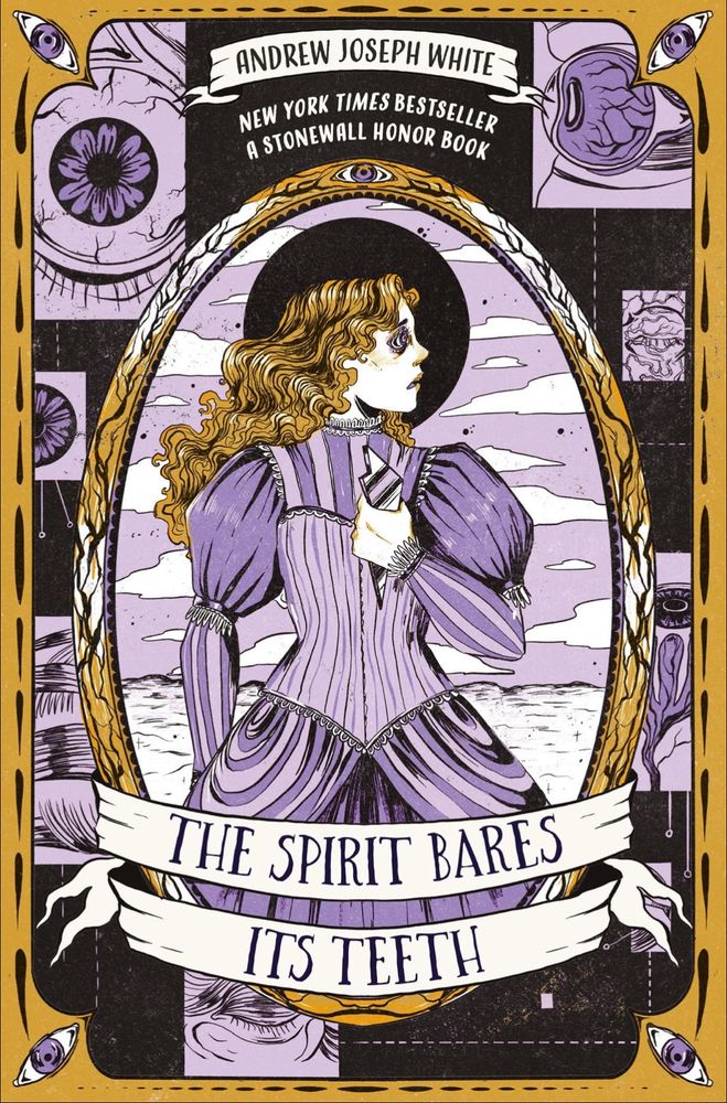 The cover art to “The Spirit Bares Its Teeth.” In the center is an individual with long, curled blonde hair, violet eyes that look to be in pain (facing to the right), and a clutched shard of glass in hand. The individual is framed in an oval-shaped, golden frame with a blue sky and white clouds in the background. Behind the framed image of the individual is a haunting collage of violet eyes. 