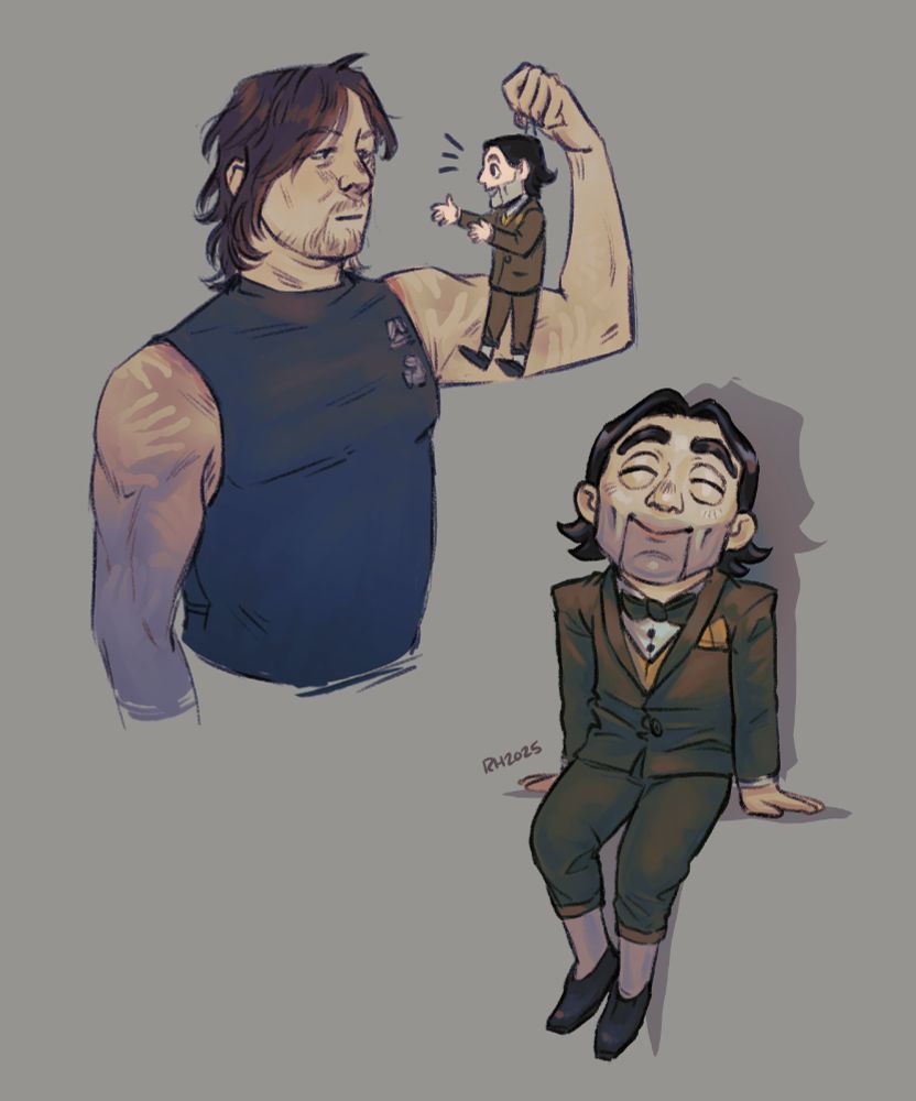 Digital doodles of Sam holding Dollman up to listen to talk to him and a standalone little portrait of Dollman sitting and smiling at the viewer.