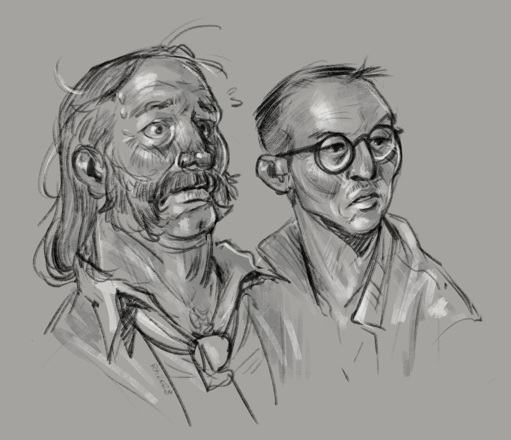 A digital sketch of Harry and Kim looking off to the right, Harry looking flustered/scared while Kim looks mildly surprised, if even that.