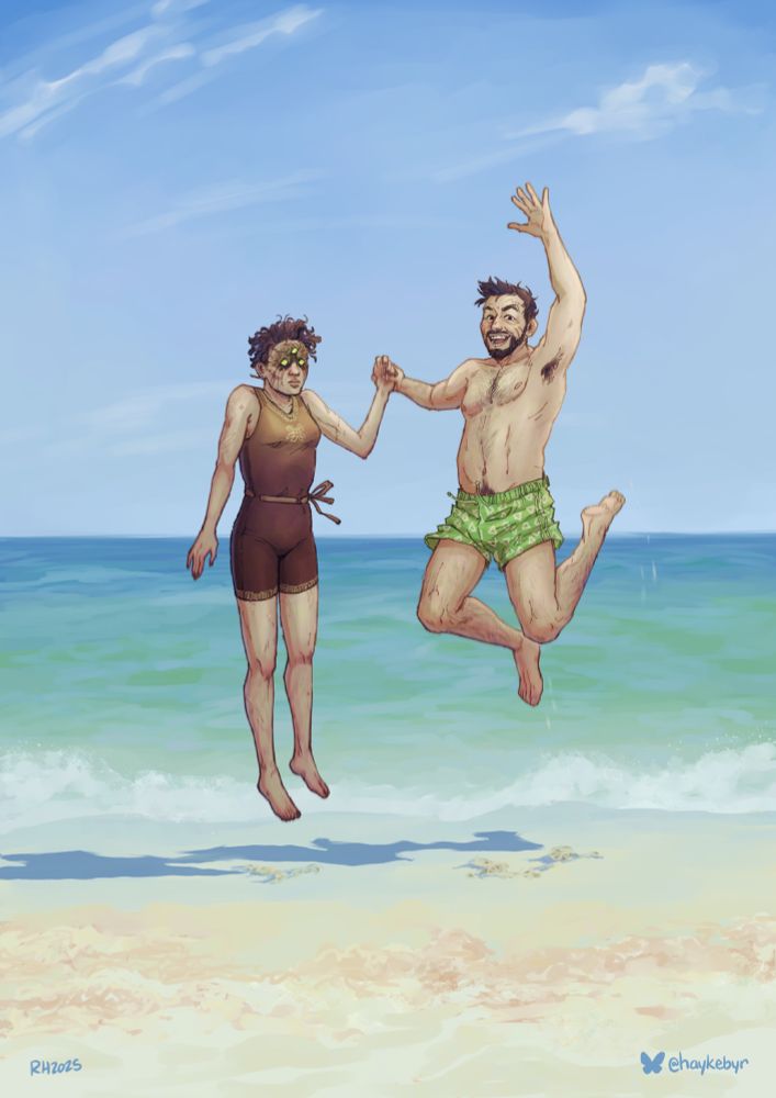 Digital art of Drifter and Eris from Destiny 2. They are on a sunny beach wearing swimsuits. Drifter is mid-leap, a big smile on his face, striking a fun active pose in the air while Eris is stiffly mid-jump beside him, her face neutral.