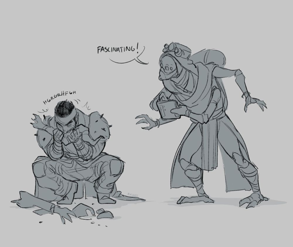 Characters from Destiny 2. A sketch: Drifter squats on the ground on the left, rather vigorously devouring the remaining pieces of a Hive Thrall. Eido stands over him on the right, watching him with interest and taking notes. She is saying "Fascinating!"