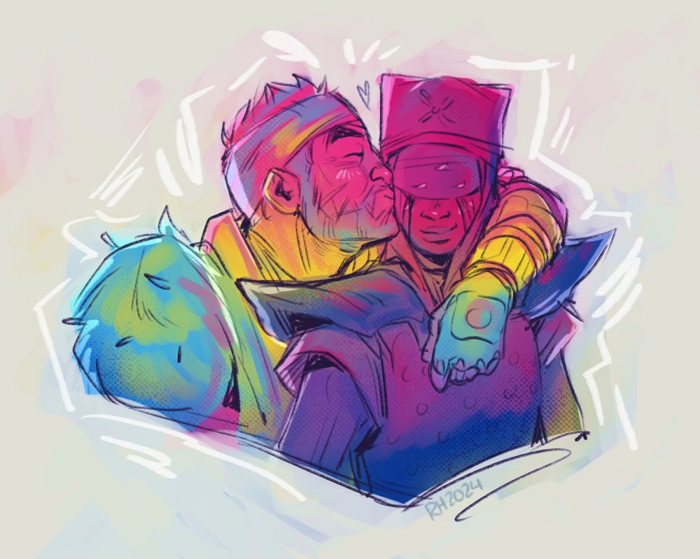 Digital art - a sketch of Drifter with his arm around Eris's shoulder, giving her a kiss on the cheek. He's colored with the pink, yellow, and blue of the pan flag while Eris is colored with the pink, purple, and blue of the bi flag.