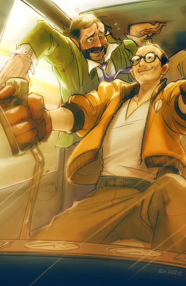 Characters from Disco Elysium. Digital art done in warm tones: Kim, in the foreground, grips the steering levers of his Kineema and smiles confidently. Harry, being tossed up against the side and roof in the backseat, clings on for dear life while looking at Kim very worriedly.