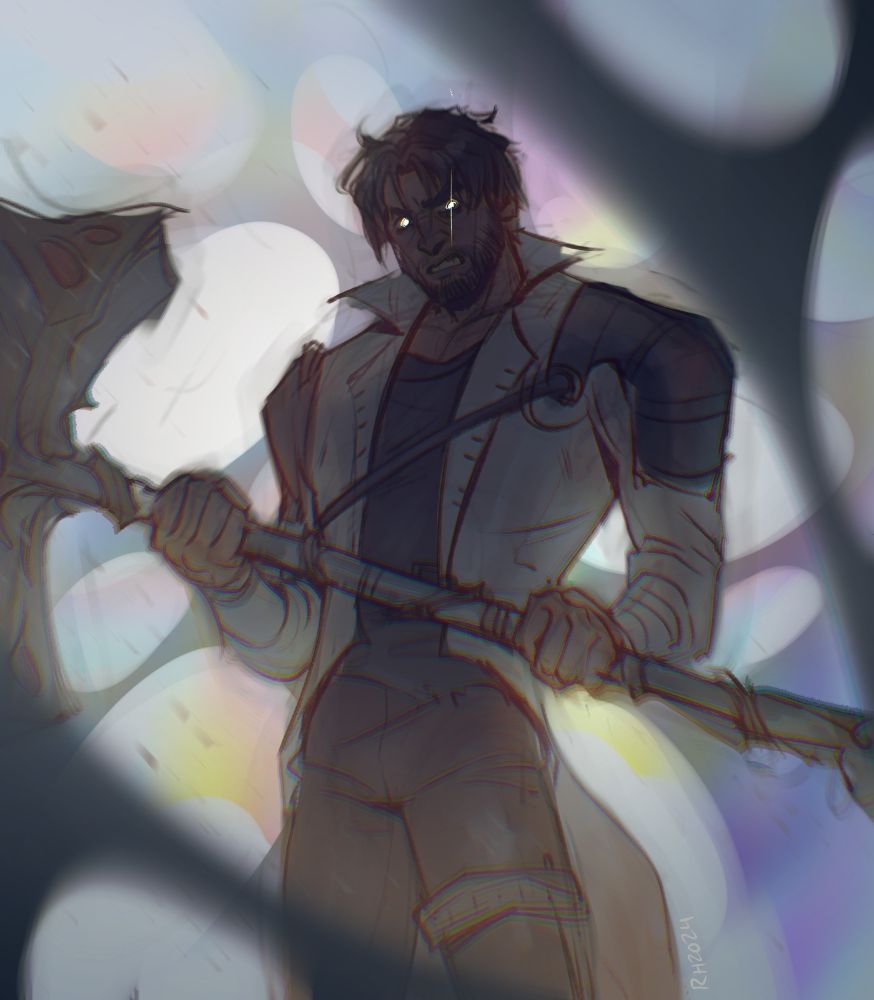 A colored digital sketch of Jayce from Arcane with his season 2 disheveled look. He is partially shadowed, holding up his hammer in front of him, his eyes white as he looks out at us through the colored organic shapes of the evolved hexcore.