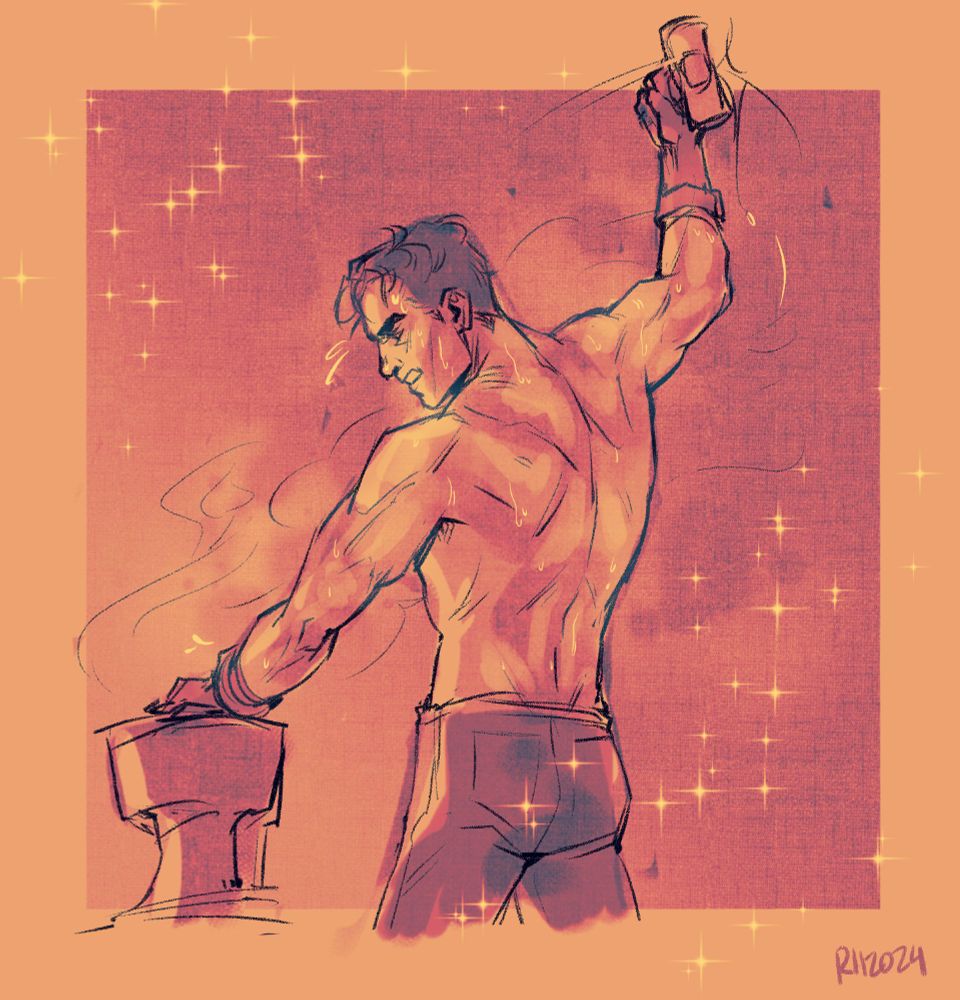 A digital sketch of Jayce from Arcane, shirtless and sweating as he's mid-blacksmithing