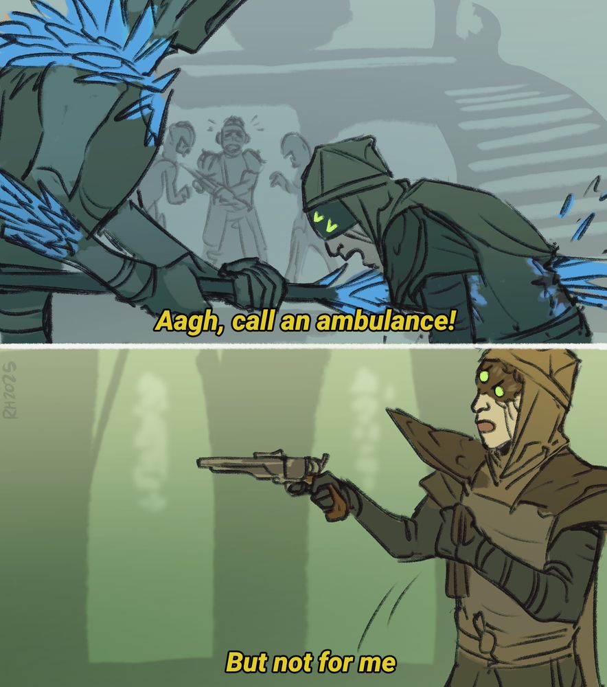 A meme redraw of the "call an ambulance! but not for me" meme, showing Eris getting stabbed on the Dreadnaught in the first panel and standing up straight in her throne world wielding Trust ready to fight in the second.