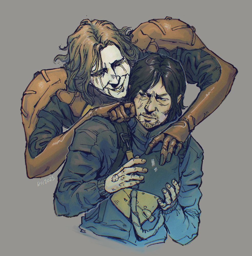 A colored digital sketch of Sam and Higgs from Death Stranding 2. Higgs leans over Sam's shoulders, smiling, one hand reaching for the BB pod on Sam's chest. Sam is holding it protectively while frowning at Higgs.